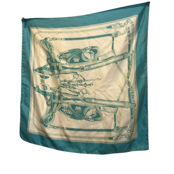 turquoise cream silk horse bridles equestrian hand rolled sewn scarf - Picture 8 of 8